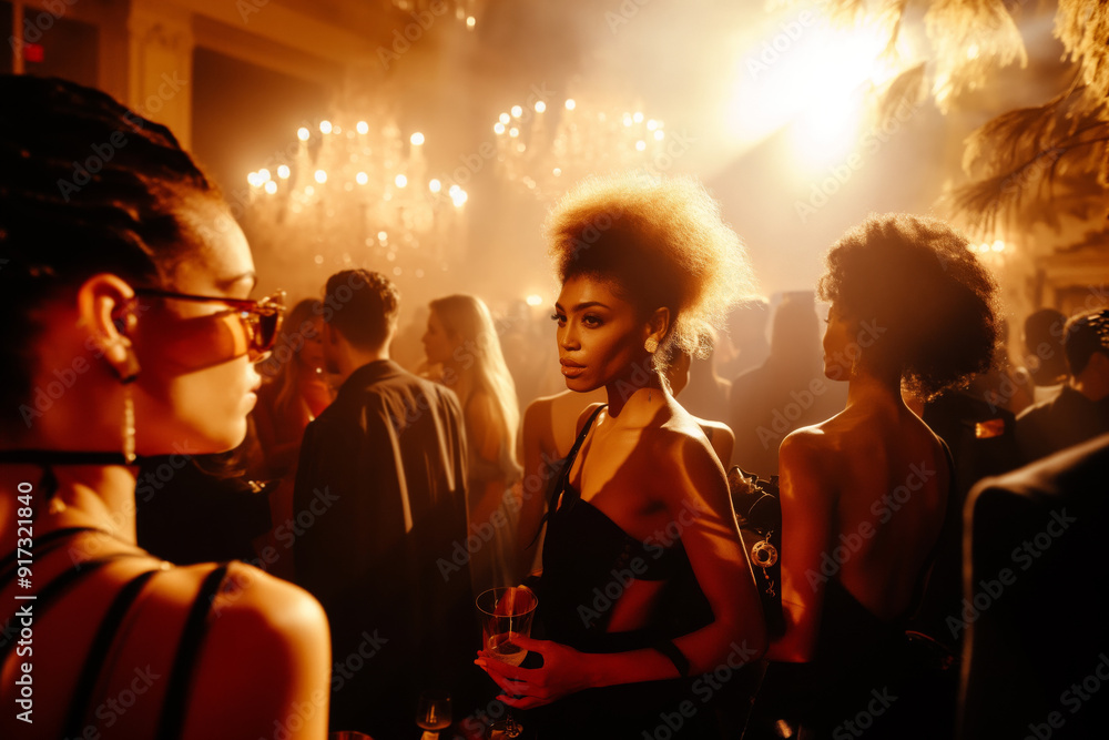 Fashion show after-party with designers, models, and guests celebrating the successful event in a trendy, modern venue. Fashion show after-party with designers, models, and guests celebrating the successful event in a trendy, modern venue.
