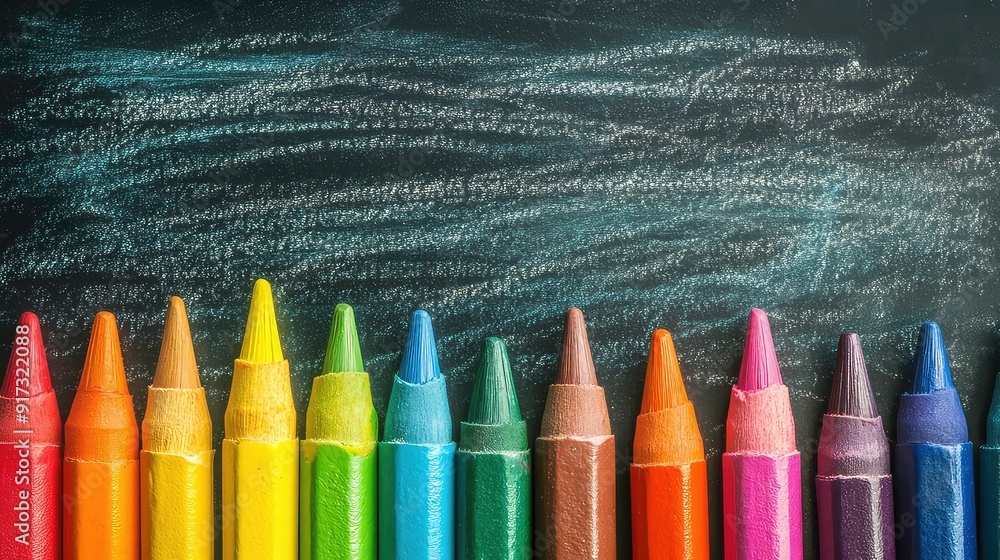 A row of colorful crayons on a black chalkboard background with white chalk scribbles. A row of colorful crayons on a black chalkboard background with white chalk scribbles.
