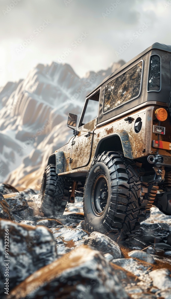 Fototapeta premium Rugged Off-Road Vehicle Navigating Rocky Mountain Path with Heavy-Duty Suspension System