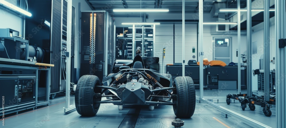 Fototapeta premium Engineers Testing Car Suspension on Proving Ground with Advanced Measuring Equipment