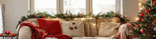 Cozy home interior adorned with a sofa festive Christmas cushions and a garland