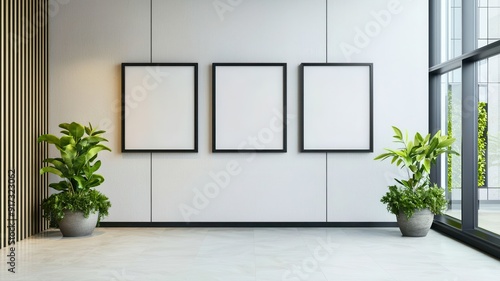Modern interior with empty frames and potted plants, perfect for art display or interior design inspiration.
