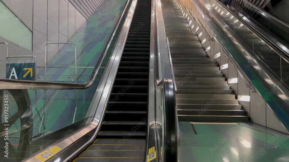 Empty airport escalator moving up. Shooting a working escalator in motion Empty airport escalator moving up. Shooting a working escalator in motion