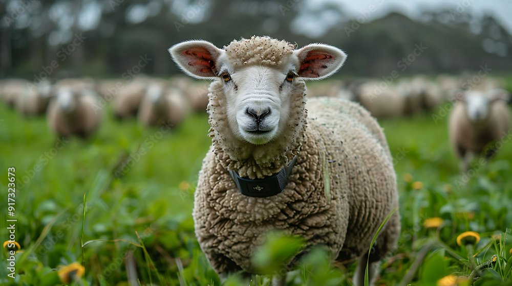 Futuristic livestock farming robotic shepherds and smart collars on sheep near Sydney Australia integrating AI in agriculture Futuristic livestock farming robotic shepherds and smart collars on sheep near Sydney Australia integrating AI in agriculture