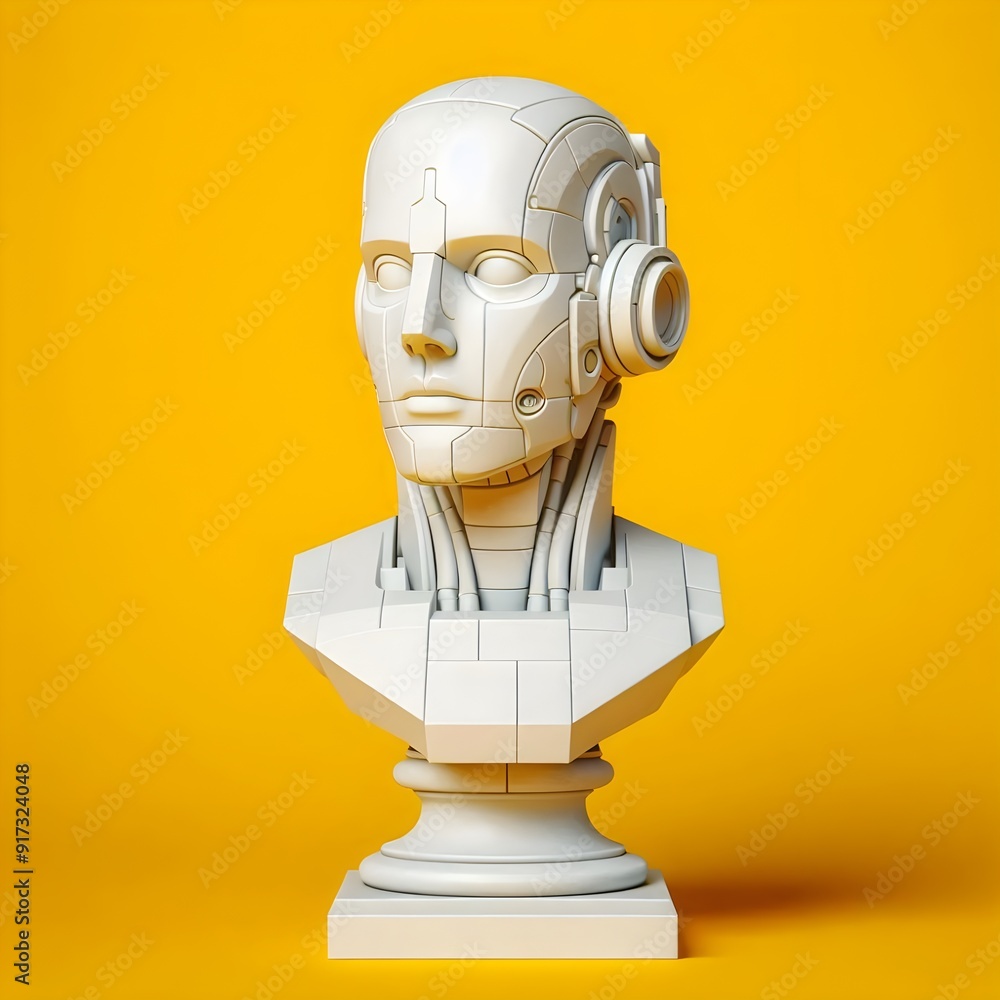 Classical Meets Futuristic - A 3D White Marble Bust of a Robot Against a Yellow Background Classical Meets Futuristic - A 3D White Marble Bust of a Robot Against a Yellow Background