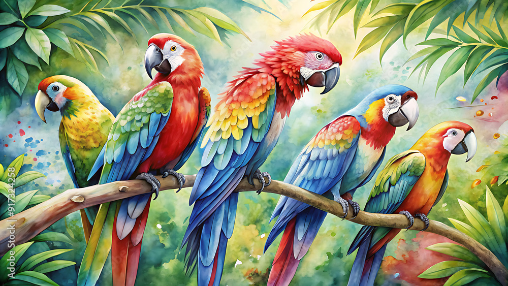 Fototapeta premium Vibrant Parrots Perched in Paint Splashes: Dripping Oil & Watercolor Wildlife Art
