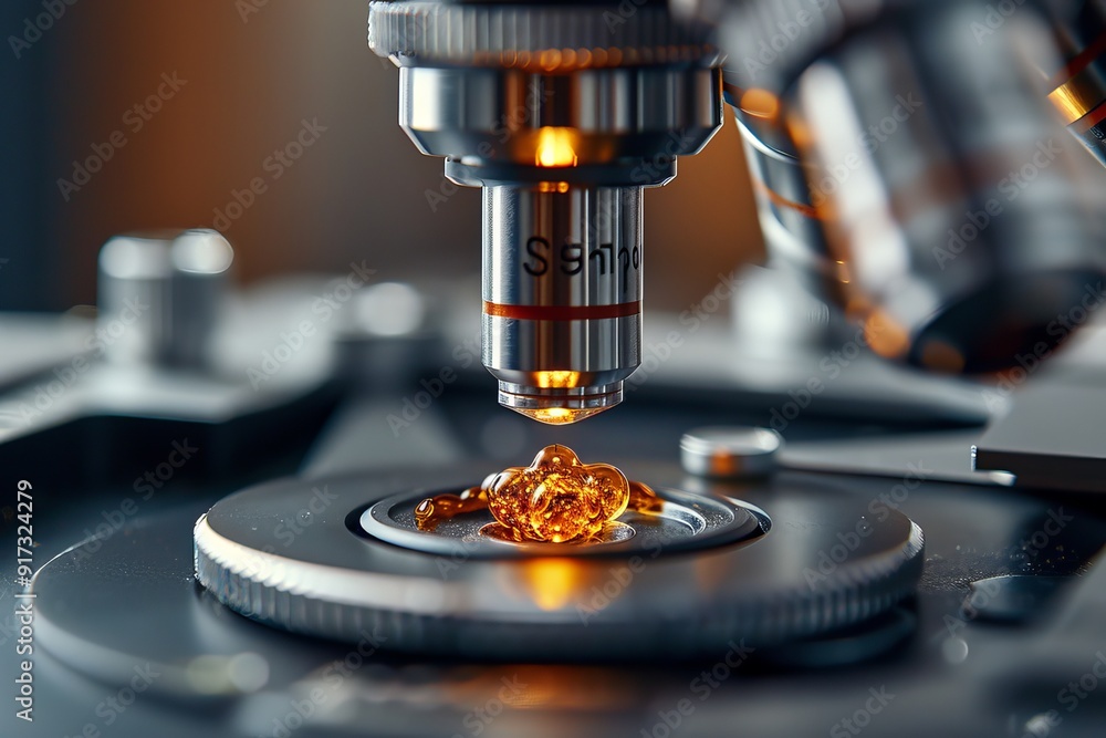 Close-Up Examination of Viscous Substance Under Microscope Lens in Laboratory Setting Close-Up Examination of Viscous Substance Under Microscope Lens in Laboratory Setting