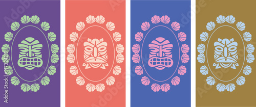 Aloha Hawaiian Phone Background, Tiki mask. Phone wallpaper set, Hawaiian concept. Summer concept, Vector illustration. 