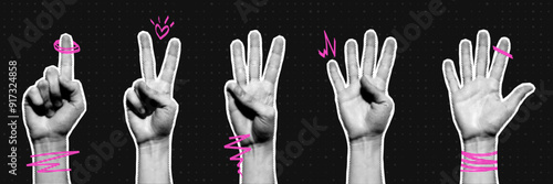 Halftone hands collection. Fingers pointing the numbers. Halftone hands show the counting from one to five. Stylish halftone collage design elements. Hand gestures in pop art style. Vector