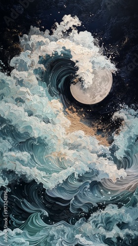 A captivating artwork of swirling ocean waves under a full moon, blending abstraction and realism in serene blues and whites.