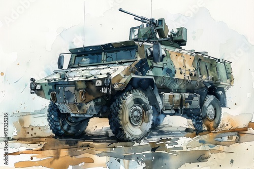 Armored military vehicle on rough terrain. Military vehicle navigating rugged landscape. For military or tactical operations. Illustration, watercolor style, horizontal format. 