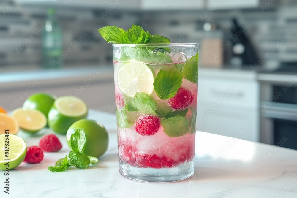 Refreshing cocktail with raspberries, lime, and mint leaves, perfect for a summer drink or party refreshment concept. Refreshing cocktail with raspberries, lime, and mint leaves, perfect for a summer drink or party refreshment concept.