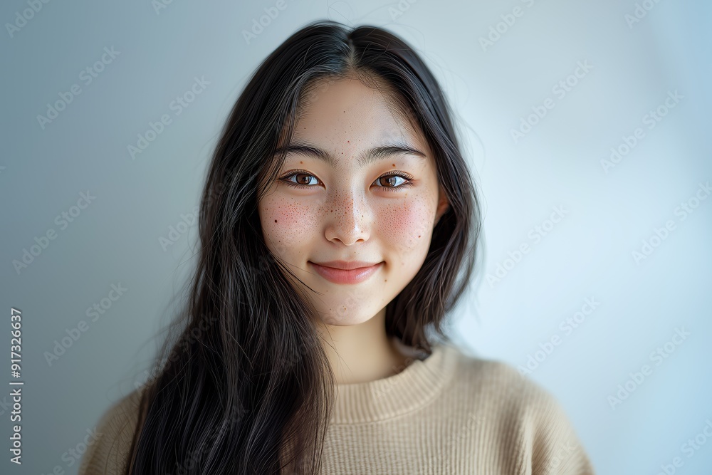 Close-up of a young woman with freckles, smiling cheerfully, wearing a beige sweater against a neutral background. Close-up of a young woman with freckles, smiling cheerfully, wearing a beige sweater against a neutral background.