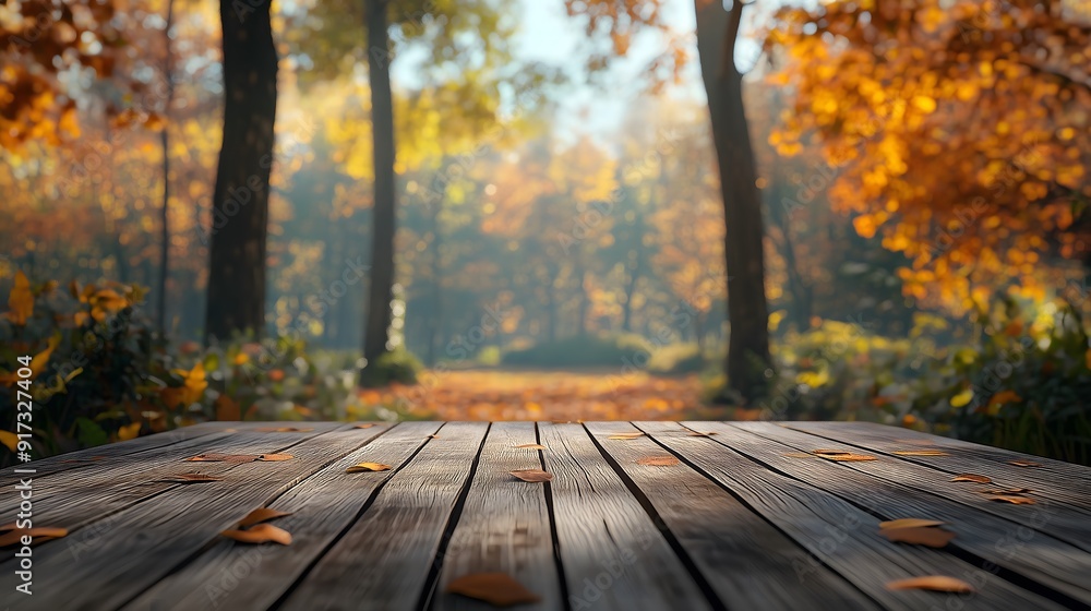 Rustic Wooden Tabletop in a Serene Autumn Forest Setting Rustic Wooden Tabletop in a Serene Autumn Forest Setting