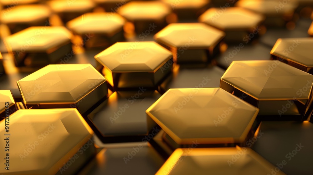 Fototapeta premium Abstract golden hexagonal pattern with reflective surfaces, modern design technology background concept