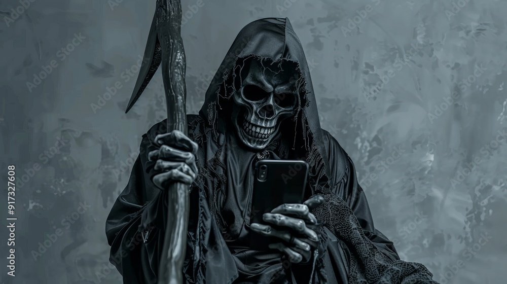Awful grim reaper, with a scythe and wearing skeleton mask, uses a mobile phone on a grey background Awful grim reaper, with a scythe and wearing skeleton mask, uses a mobile phone on a grey background