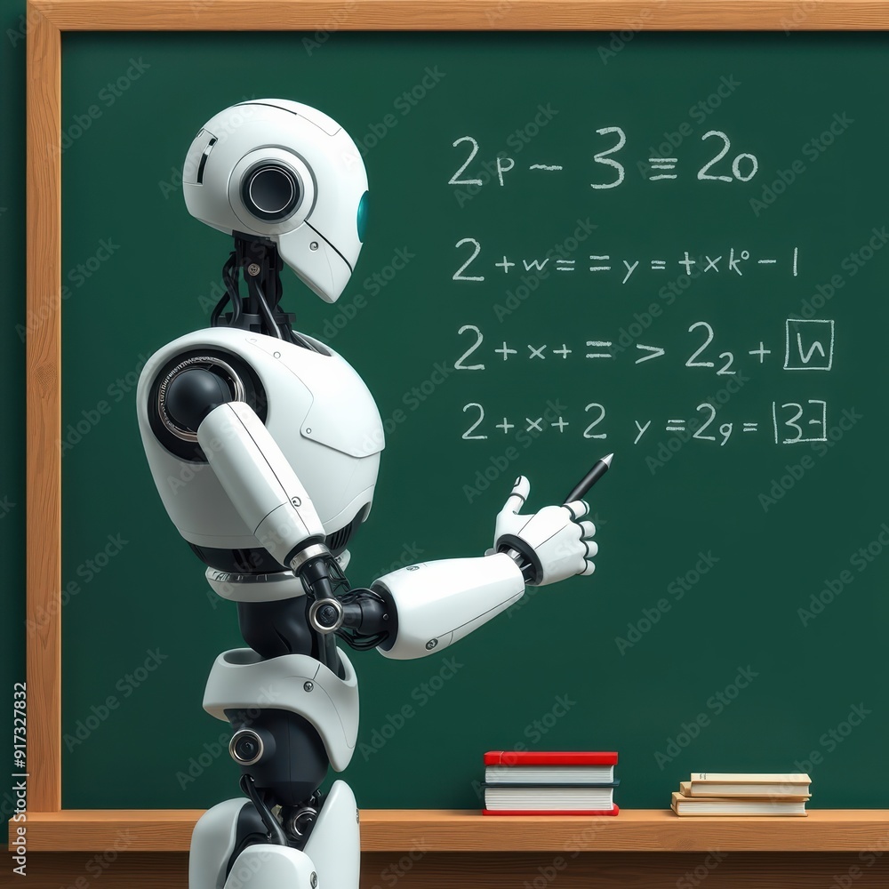 A robot writing mathematical equations on a chalkboard, representing ...
