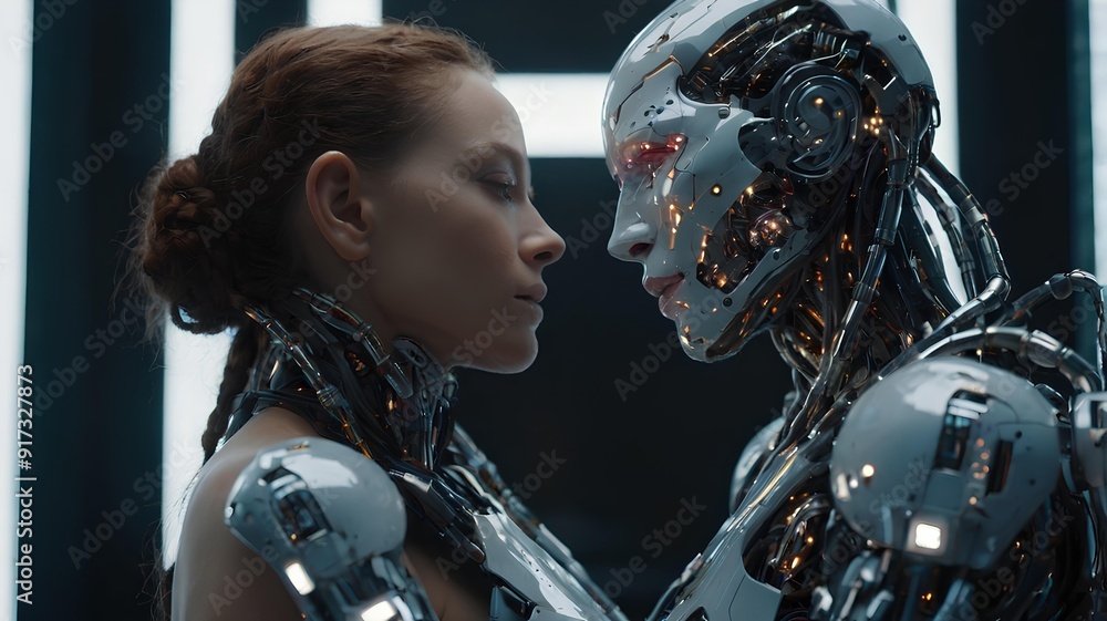 Fototapeta premium Futuristic Love Reunited: Mind Upload Technology Brings Soul to Robot, Embracing a Lost Lover in a Cybernetic World / Humans Form Lovely Emotional Bonds with AI Robots in a Tech-Driven World.