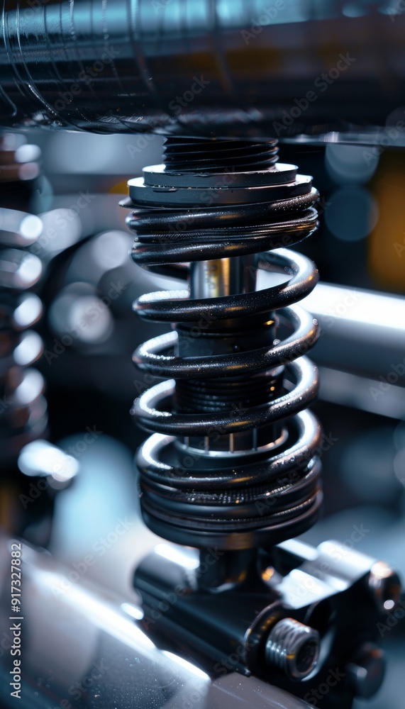 Close-Up of Car Coil Spring and Shock Absorber on Technical Background for Automotive Design