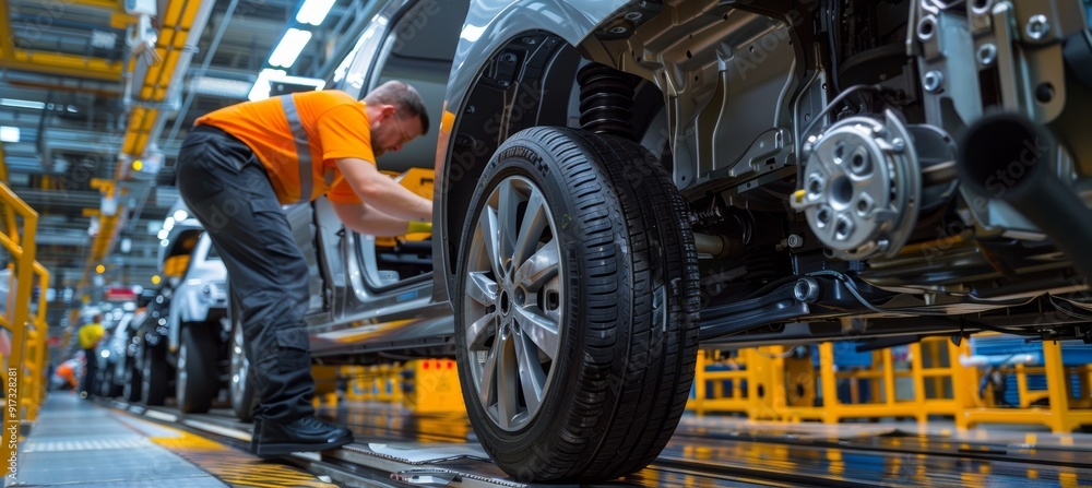 Fototapeta premium Worker Engineer Ensuring Proper Car Drivetrain Alignment on Factory Assembly Line