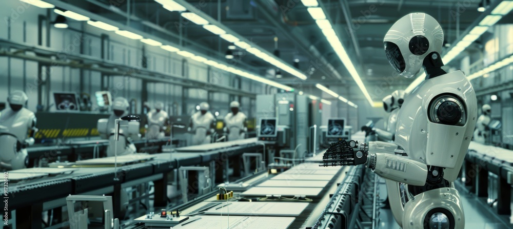 Robotics Engineer Optimizing Assembly Line Efficiency in High-Tech Factory - Industrial Automation Concept Robotics Engineer Optimizing Assembly Line Efficiency in High-Tech Factory - Industrial Automation Concept