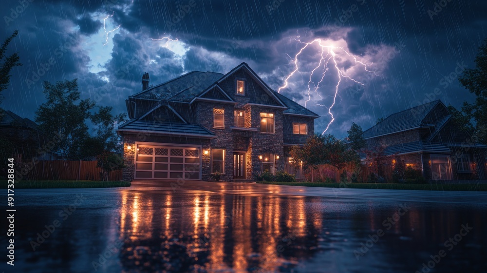 Fototapeta premium A house is lit up by the lightning and the rain