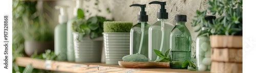 Closeup of ecofriendly natural cleaning products arranged on a shelf detailed textures and precision photo