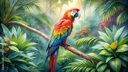 Fototapeta Naklejka Na Ścianę i Meble -  Vibrant Parrots Perched in Paint Splashes: Dripping Oil & Watercolor Wildlife Art