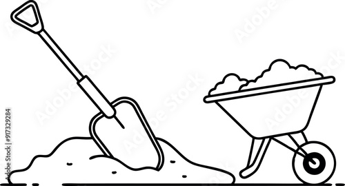 Shovel and Wheelbarrow Full of Soil Line Art Illustration
