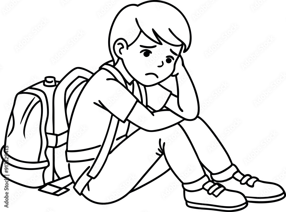 Obraz premium Sad Kid Sitting Alone With Backpack On Floor