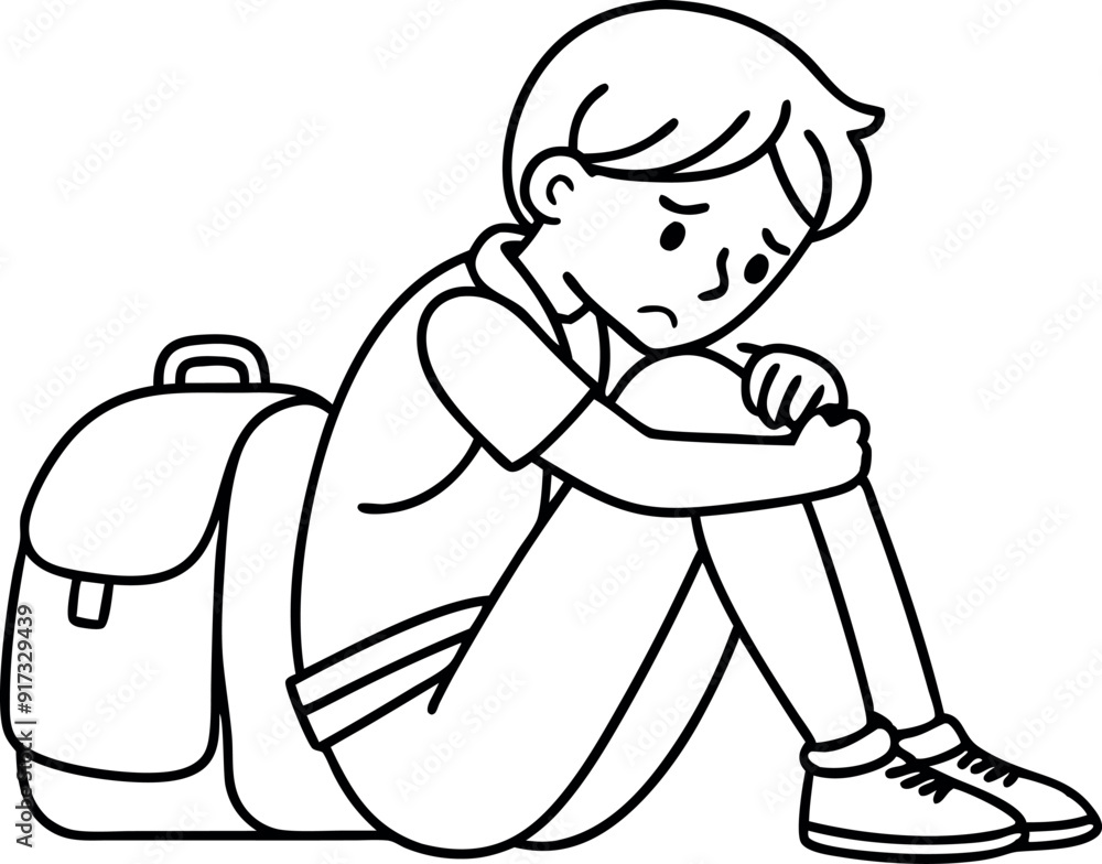 Sad Boy Sitting With Backpack, Outline Art Sad Boy Sitting With Backpack, Outline Art