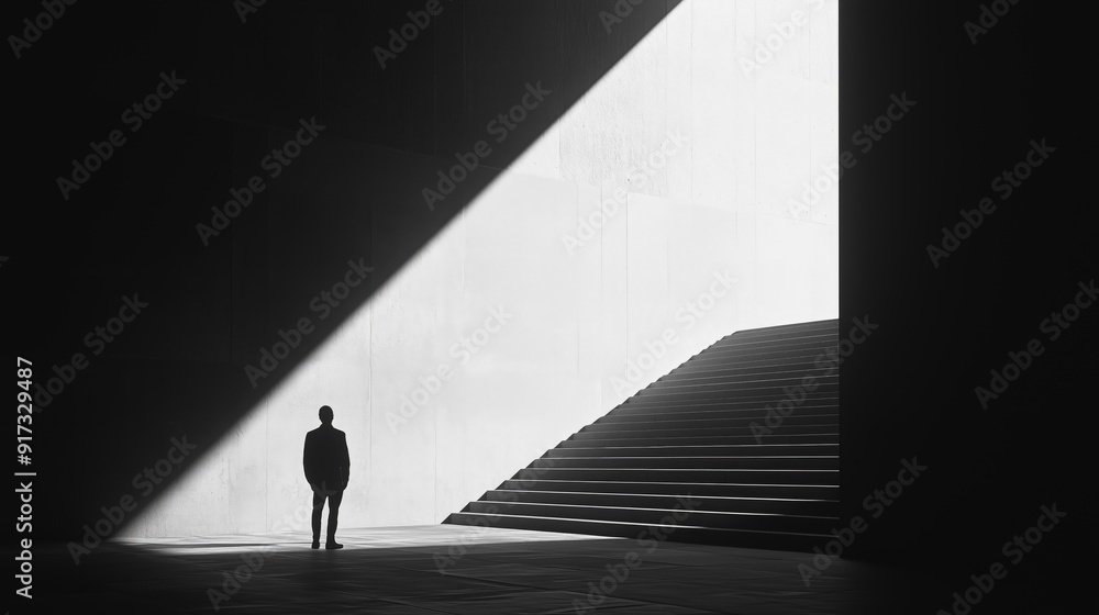 Silhouetted man standing in a stark, high-contrast scene with dramatic lighting and shadows near stairs. Silhouetted man standing in a stark, high-contrast scene with dramatic lighting and shadows near stairs.