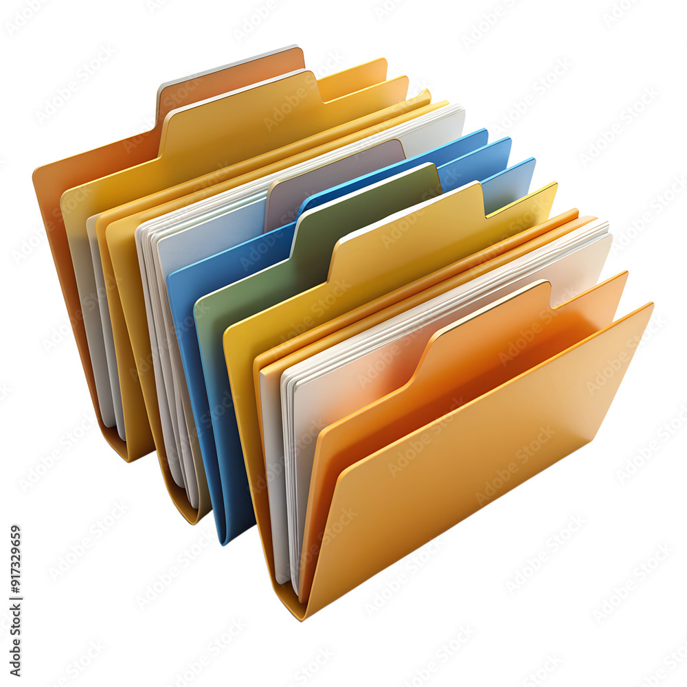 Colorful file folders neatly arranged, cut out transparent Colorful file folders neatly arranged, cut out transparent