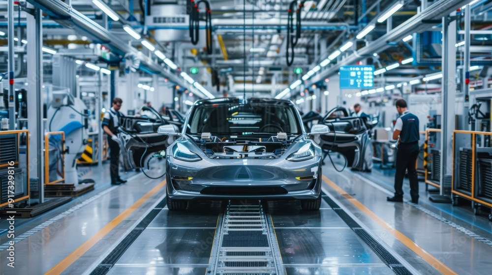 Fototapeta premium Engineer Inspecting Electric Vehicle Assembly Line in Modern High-Tech Factory for Quality Control