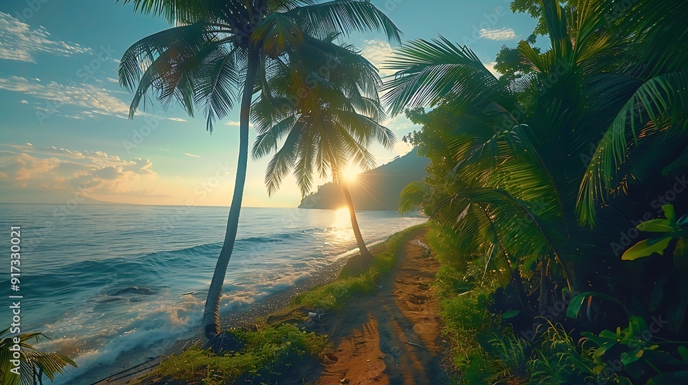 A magical coastal drive, the path lined with palm trees, the ocean sparkling in the sunlight, the soft light of dawn creating a peaceful and enchanting scene, natural look, hd quality. A magical coastal drive, the path lined with palm trees, the ocean sparkling in the sunlight, the soft light of dawn creating a peaceful and enchanting scene, natural look, hd quality.