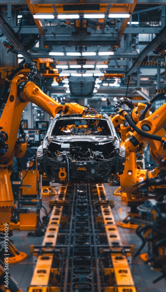 Engineer Inspecting Car Underbody with Robotic Assistance on Assembly Line - Industrial Factory Setting Engineer Inspecting Car Underbody with Robotic Assistance on Assembly Line - Industrial Factory Setting