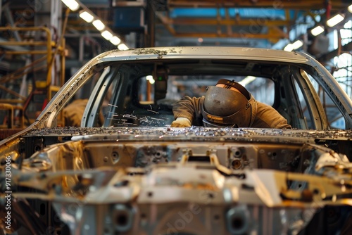 Engineer Examining Welding in Advanced Automotive Assembly Line with State-of-the-Art Equipment photo