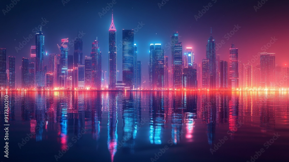 A city skyline is reflected in the water A city skyline is reflected in the water
