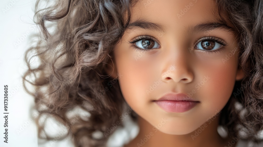 A sweet girl with curly hair looks ahead with bright, expressive eyes A sweet girl with curly hair looks ahead with bright, expressive eyes
