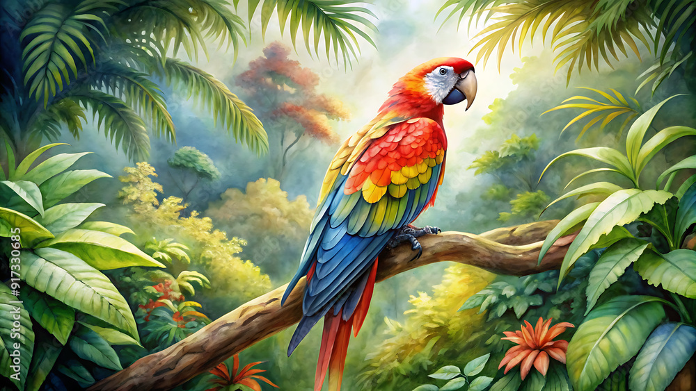 parrots perched jungle in a tree   Rainbow Parrot, bird, canvas art, art work, hand drawn, Vibrant Modern Oil Painting of a Rainbow Parrot: Hand-Drawn Colorful Canvas Art