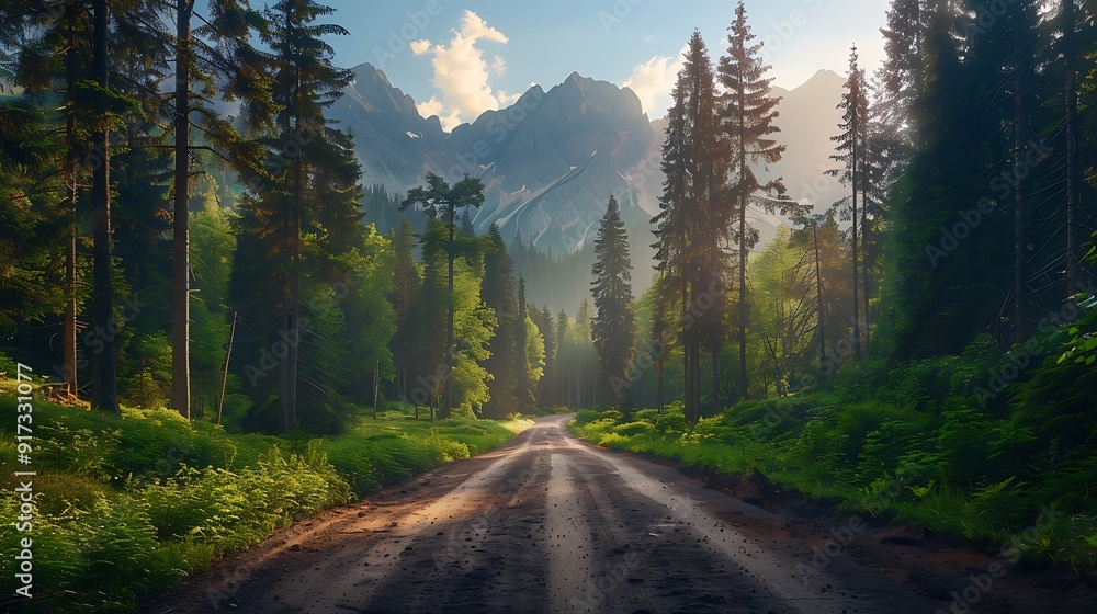 A peaceful drive through mountainous terrain, the path flanked by tall trees forming a natural archway, the mountains visible in the distance, A peaceful drive through mountainous terrain, the path flanked by tall trees forming a natural archway, the mountains visible in the distance,
