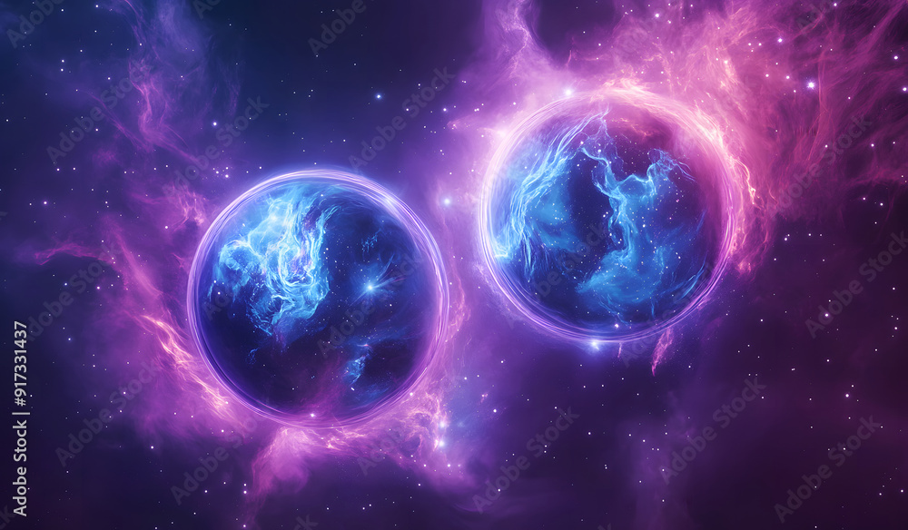 Fototapeta premium Two particles are connected by a mysterious, glowing thread of energy across a dark, star-filled background. physics quantum Entanglement Concept design