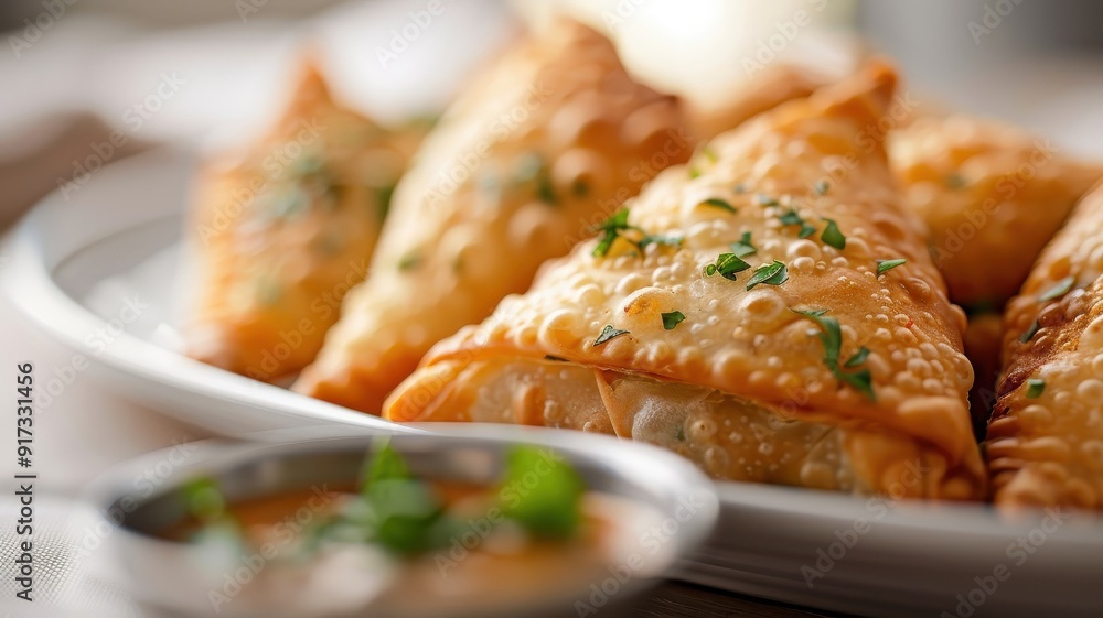 A close-up of a samosa filled with spicy potato and pea mixture. A close-up of a samosa filled with spicy potato and pea mixture.
