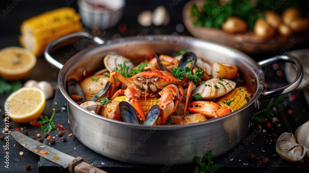 A rustic seafood boil with Alaskan king crab legs, Dungeness crab, and other seafood. A rustic seafood boil with Alaskan king crab legs, Dungeness crab, and other seafood.