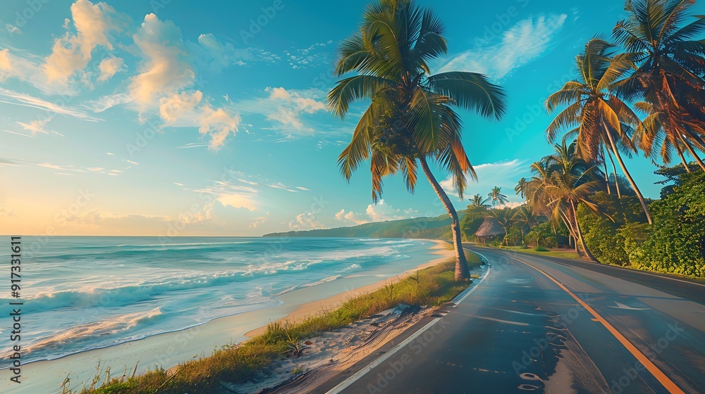Fototapeta premium A picturesque drive along the coast, lined with swaying palm trees, the blue ocean sparkling in the sunlight, the soft light of early morning enhancing the tropical scene, natural look, hd quality.