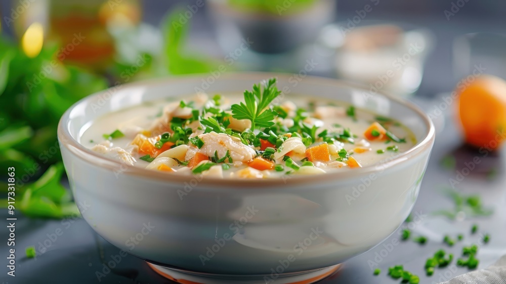 A steaming bowl of chicken noodle soup, filled with tender chicken and vegetables. A steaming bowl of chicken noodle soup, filled with tender chicken and vegetables.