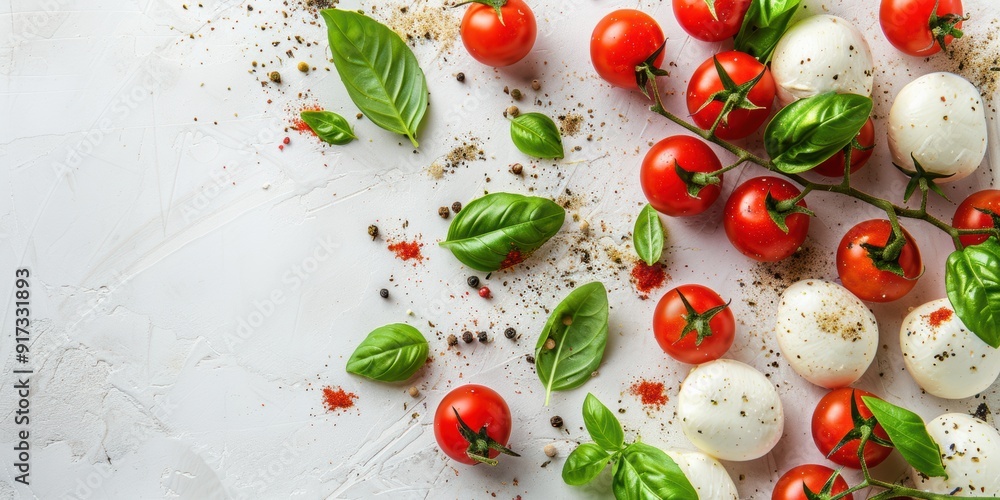 Fresh cherry tomatoes, basil leaves, and mozzarella balls seasoned with spices on a white background, viewed from above. Fresh cherry tomatoes, basil leaves, and mozzarella balls seasoned with spices on a white background, viewed from above.