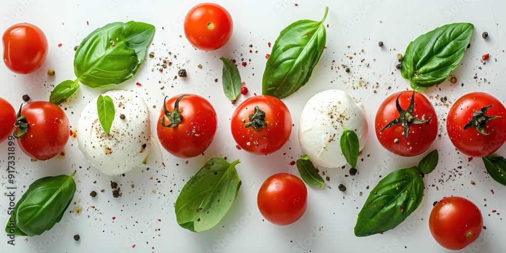Fresh cherry tomatoes, basil leaves, and mozzarella balls seasoned with spices on a white background, viewed from above. Fresh cherry tomatoes, basil leaves, and mozzarella balls seasoned with spices on a white background, viewed from above.
