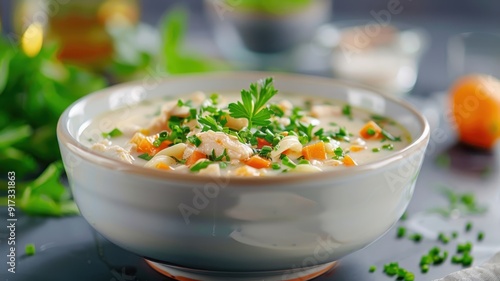 A steaming bowl of chicken noodle soup, filled with tender chicken and vegetables.