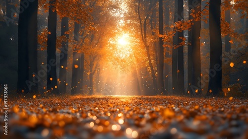 Autumn Road Illuminated by Golden Sunlight and Falling Leaves